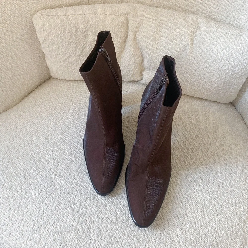Vintage 90s Via Spiga Brown Metallic Almond Toe Ankle Block Heel Boots 36‎ 6